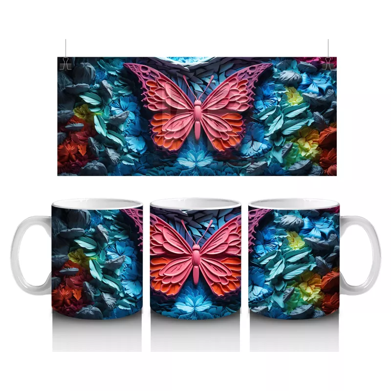 Renkli Kabartmalı Zemin Üzerinde Pembe Kelebek – Baskılı Kahve Kupası