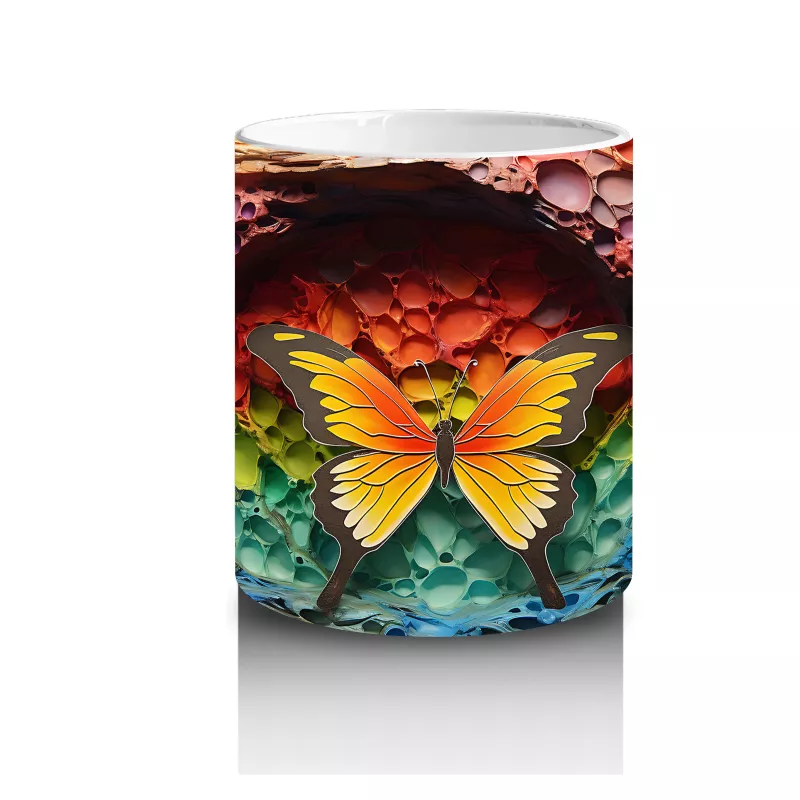 Renkli Kaya Oyuntusunda Turuncu Kelebek – Baskılı Kahve Kupası - 3