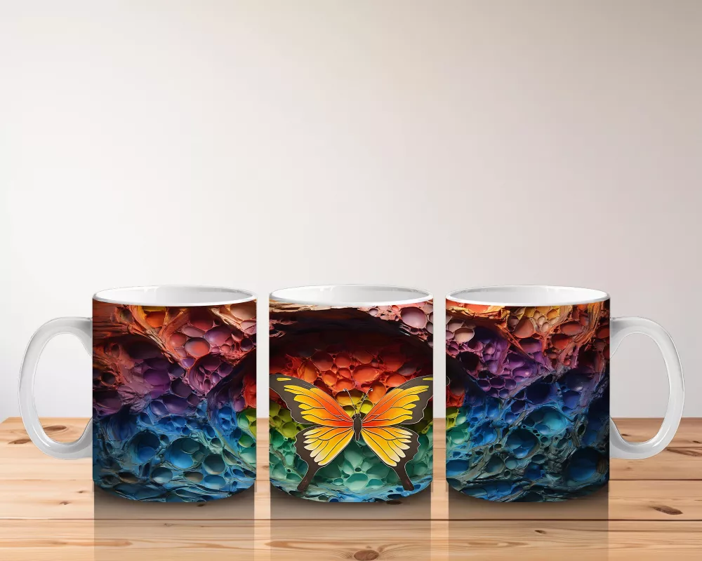 Renkli Kaya Oyuntusunda Turuncu Kelebek – Baskılı Kahve Kupası - 5