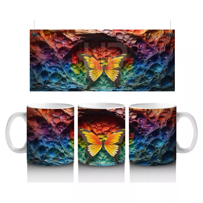 Renkli Kaya Oyuntusunda Turuncu Kelebek – Baskılı Kahve Kupası