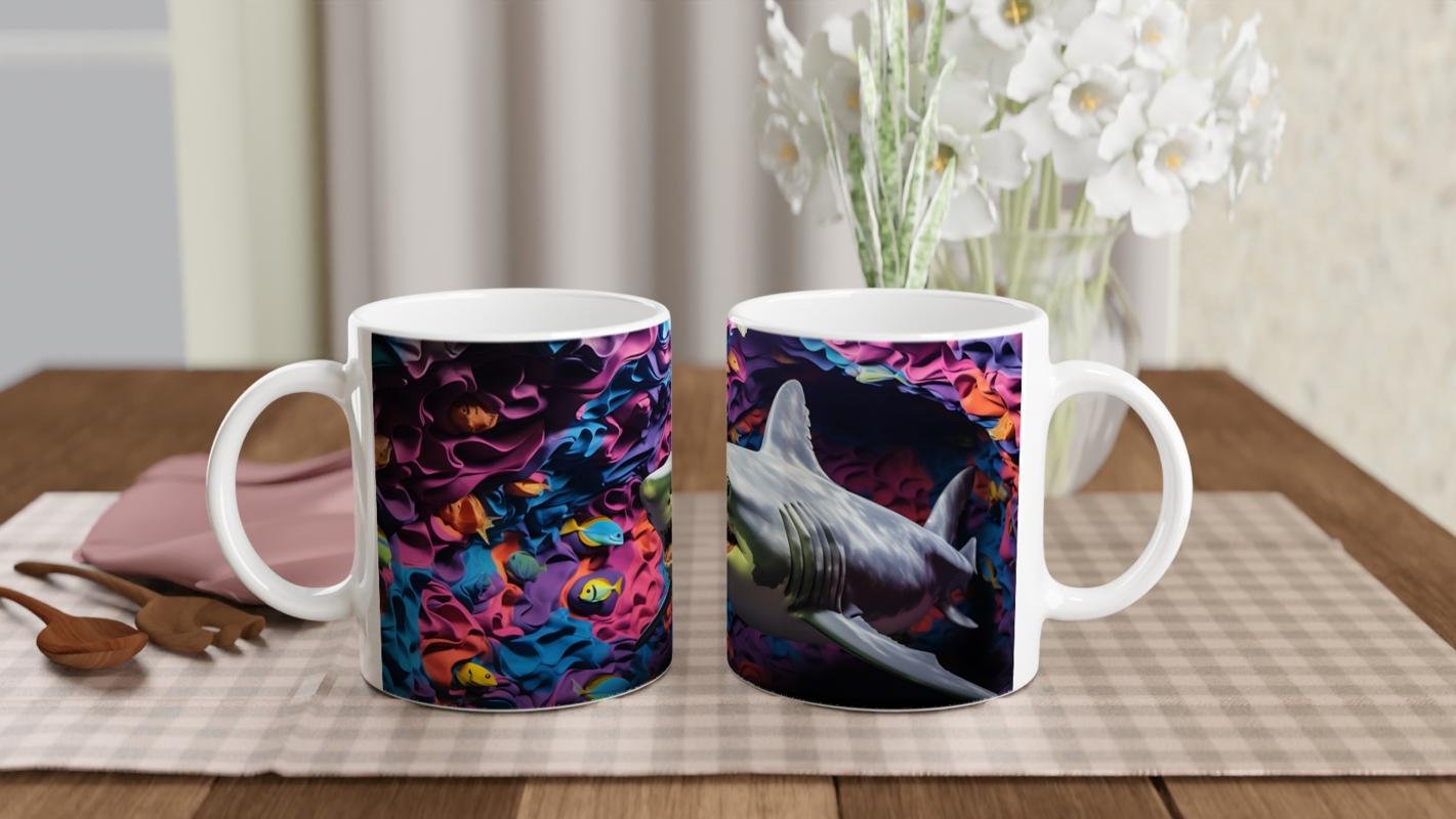 Renkli Kıvrımlı Mercanlar Arasında Köpekbalığı Su Altı Temalı Kupa Bardak - 5