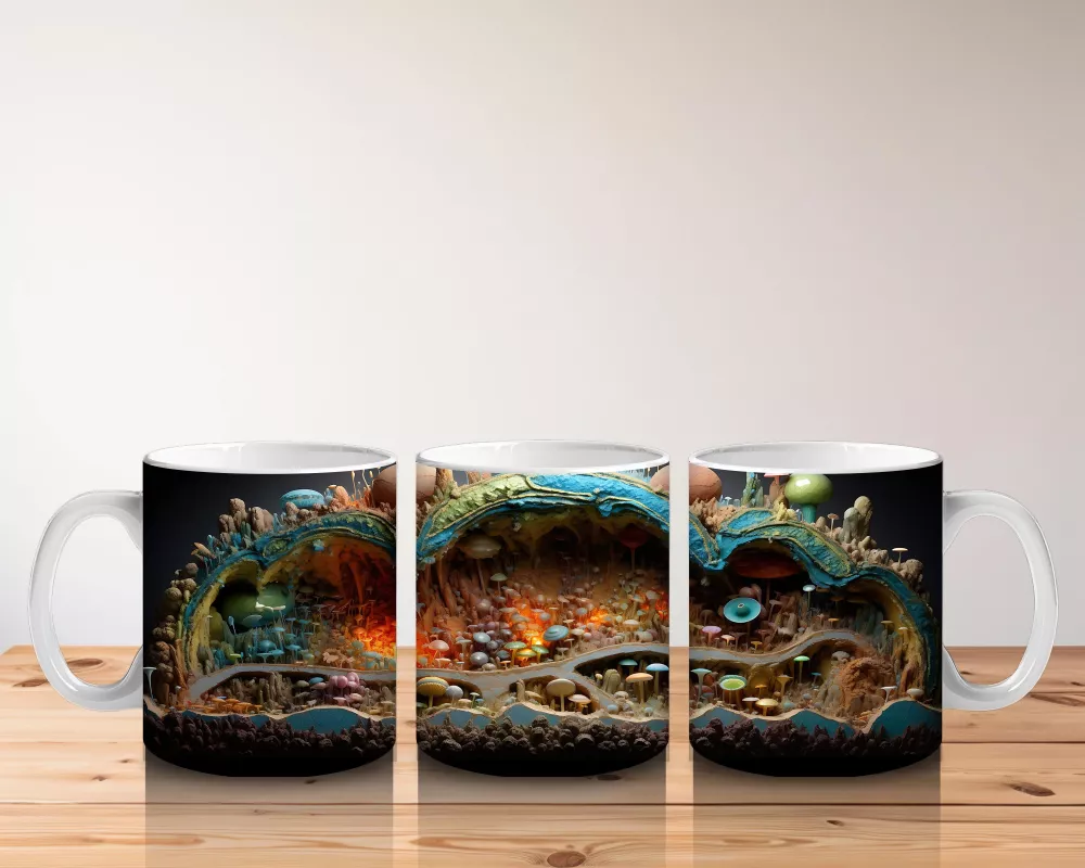 Renkli Mantarlar ve Köklerle Kaplı Fantezi Yeraltı Dünyası - Baskılı kahve kupası - 5