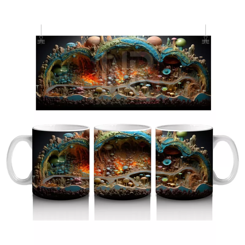 Renkli Mantarlar ve Köklerle Kaplı Fantezi Yeraltı Dünyası - Baskılı kahve kupası