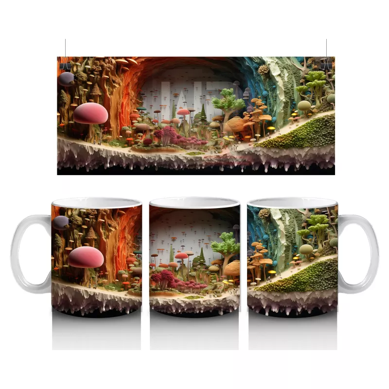Renkli Mantarlarla Süslenmiş Fantastik Orman Manzarası - Baskılı kahve kupası