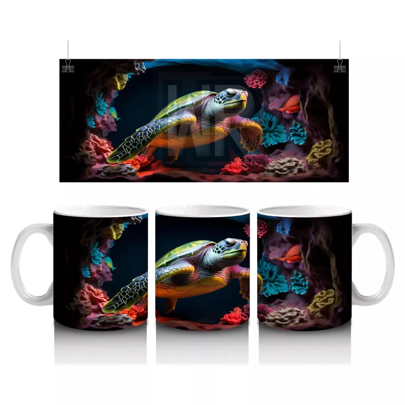 Renkli Mercan Resifinde Yüzen Deniz Kaplumbağası – Baskılı Kahve Kupası