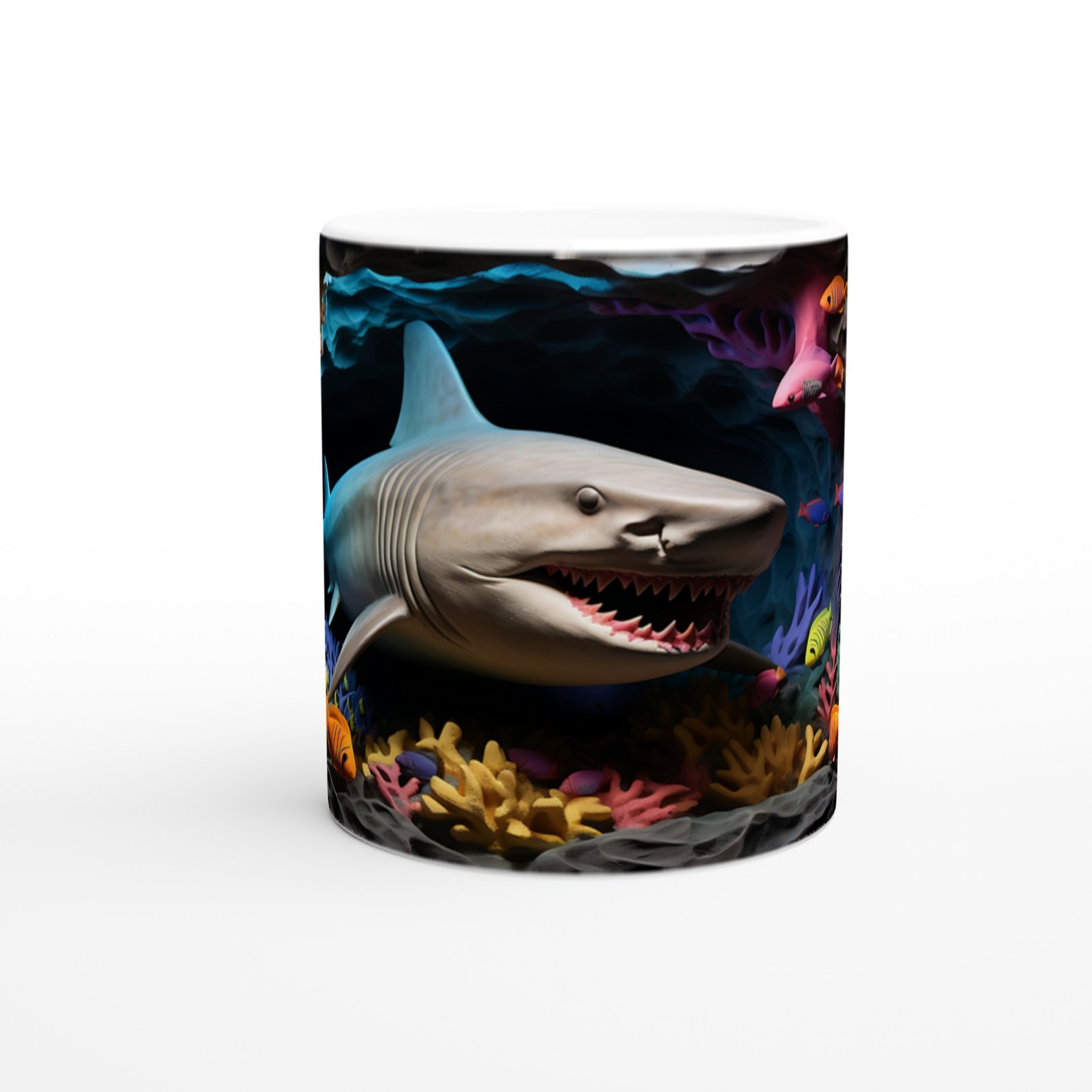 Renkli Mercan Resifinde Yüzen Köpekbalığı Su Altı Temalı Kupa Bardak