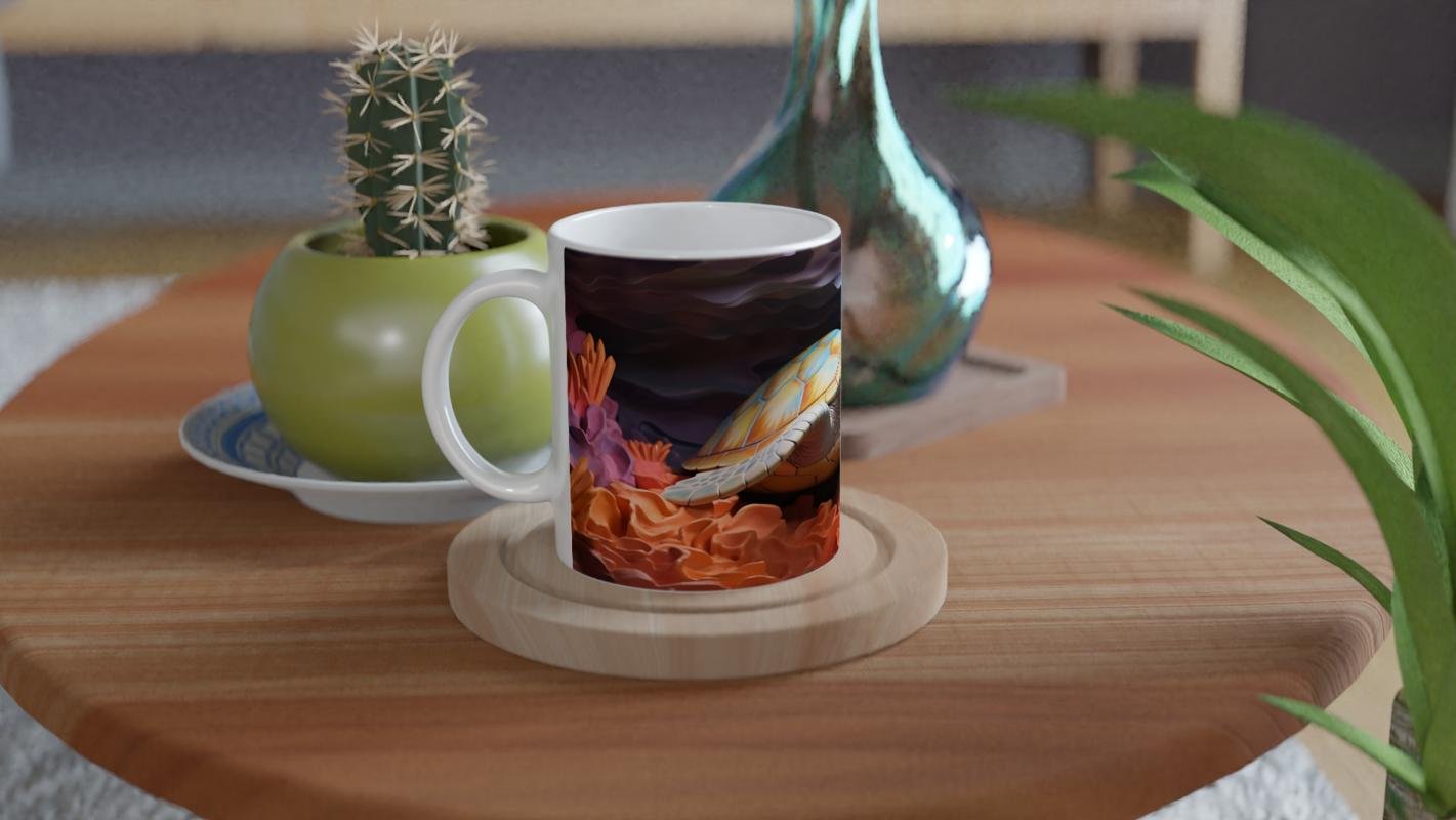 Renkli Mercanlar Arasında Yüzen Deniz Kaplumbağası Su Altı Temalı Kupa Bardak - 4