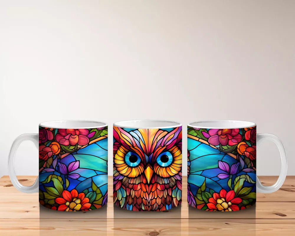 Renkli Mozaik Desenli Baykuş İllüstrasyonu – Baskılı Kahve Kupası - 5