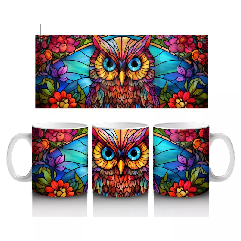 Renkli Mozaik Desenli Baykuş İllüstrasyonu – Baskılı Kahve Kupası