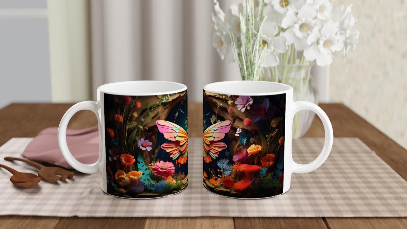 Renkli Orman Çiçekleri Arasında Dev Kelebek Temalı Baskılı Kupa Bardak - 5