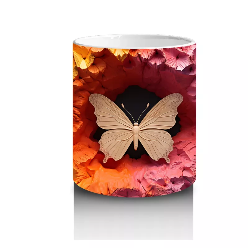 Renkli Rölyef Dokuda Soluk Turuncu Kelebek – Baskılı Kahve Kupası - 3