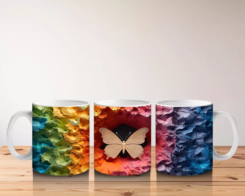 Renkli Rölyef Dokuda Soluk Turuncu Kelebek – Baskılı Kahve Kupası - 5