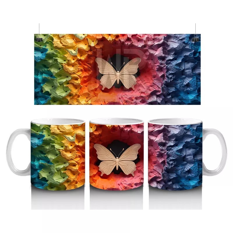 Renkli Rölyef Dokuda Soluk Turuncu Kelebek – Baskılı Kahve Kupası