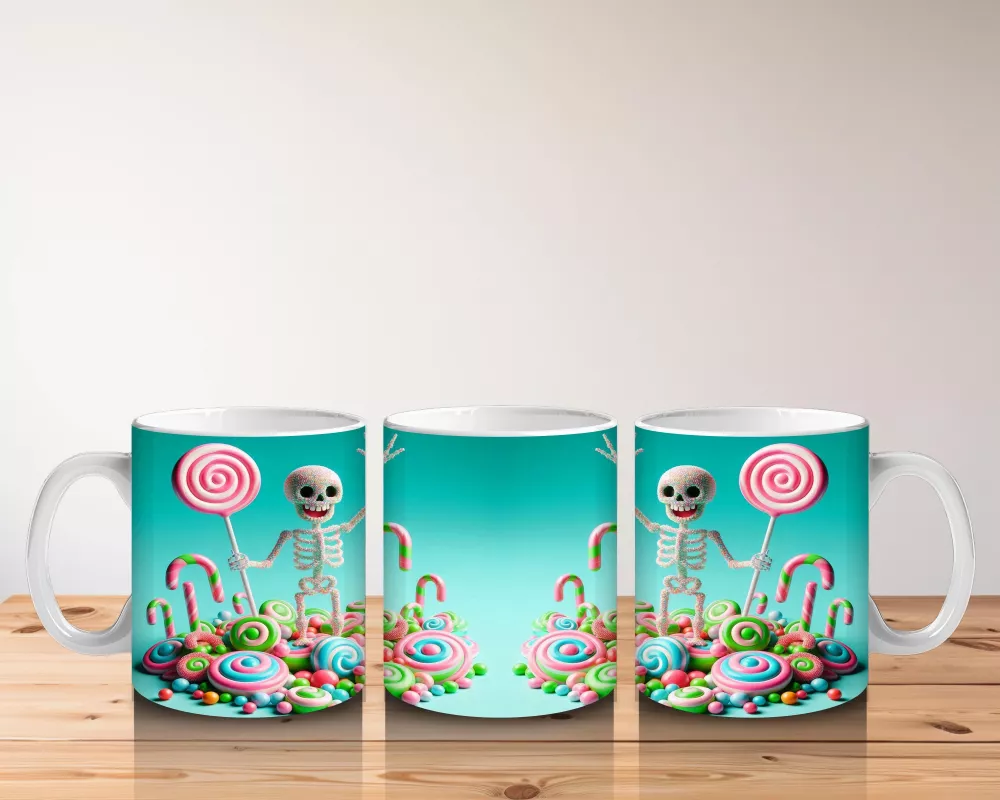 Renkli Şeker ve İskeletler Temalı Sevimli Cadılar Bayramı Baskılı Kupa Bardak - 5