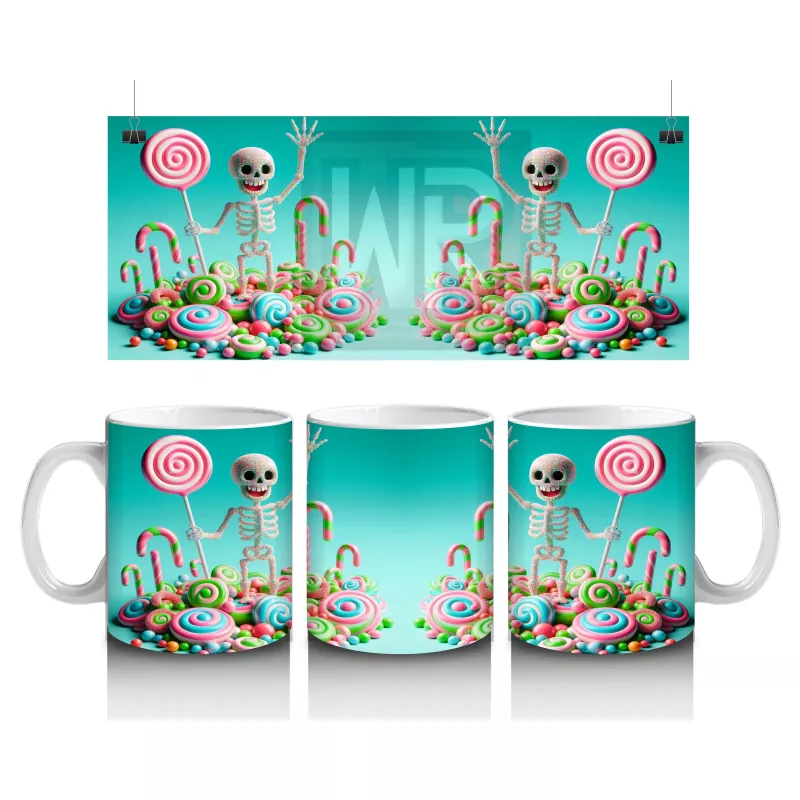 Renkli Şeker ve İskeletler Temalı Sevimli Cadılar Bayramı Baskılı Kupa Bardak
