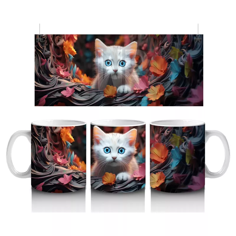 Renkli Sonbahar Yaprakları Arasında Gözleri Parlayan Kedi – Baskılı Kahve Kupası