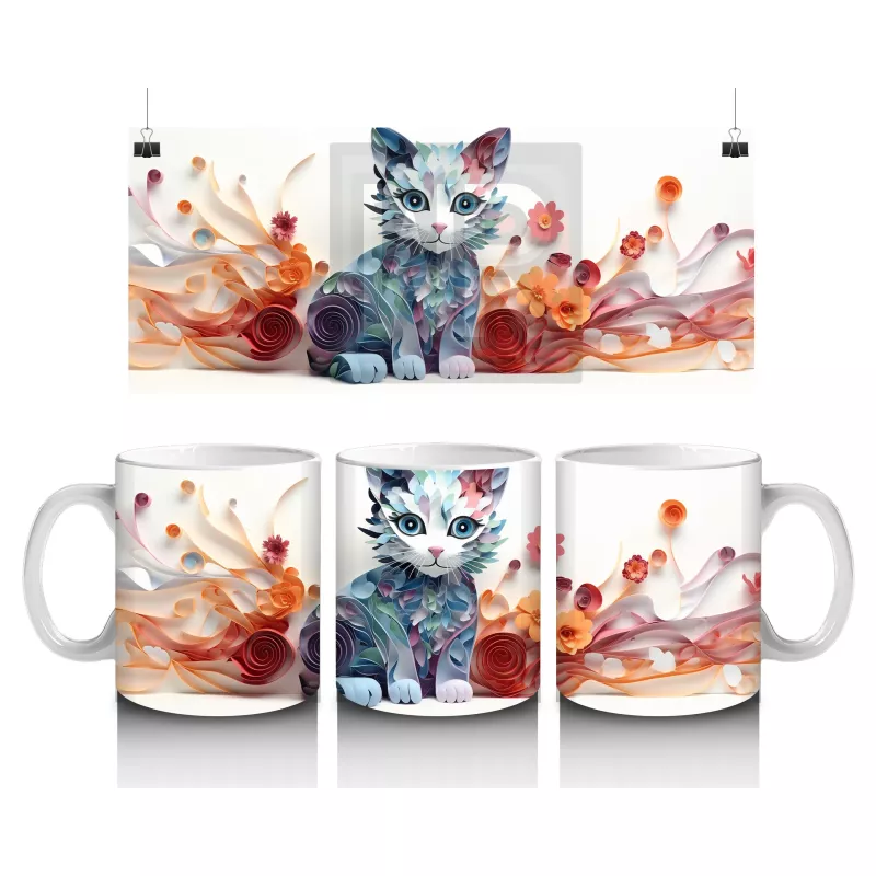 Renkli Su Damlaları ve Kedi Desenli Kupa – Baskılı Kahve Kupası