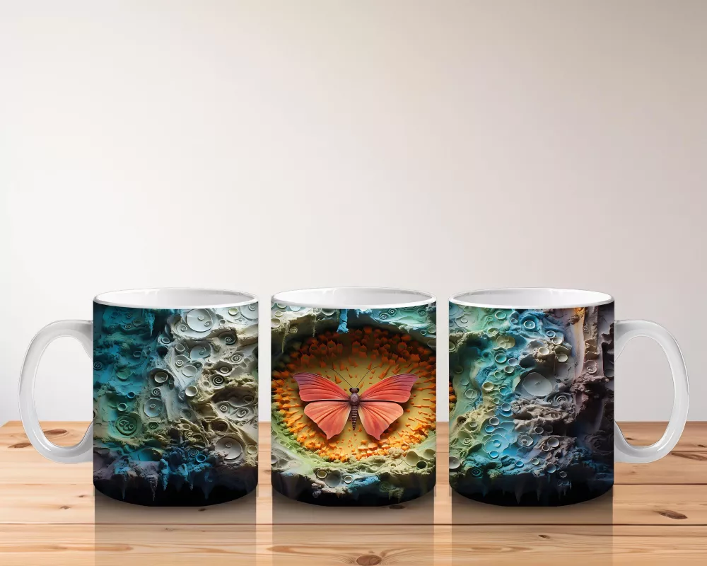 Renkli Taşlarla Çevrili Pembe Kelebek – Baskılı Kahve Kupası - 5