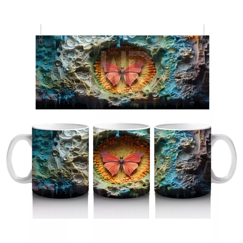 Renkli Taşlarla Çevrili Pembe Kelebek – Baskılı Kahve Kupası