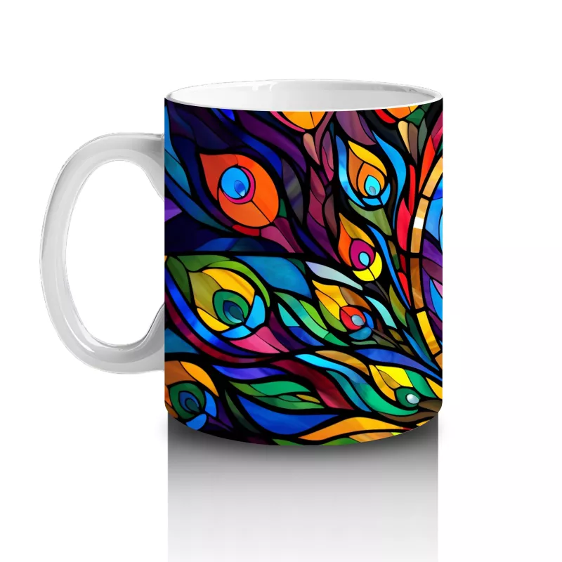 Renkli Tüy Desenleriyle Zarif Tavus Kuşu – Baskılı Kahve Kupası - 2