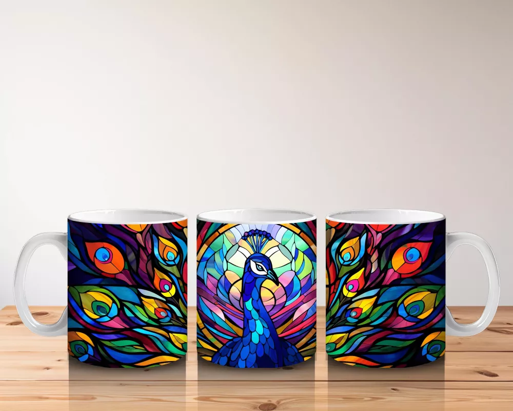 Renkli Tüy Desenleriyle Zarif Tavus Kuşu – Baskılı Kahve Kupası - 5