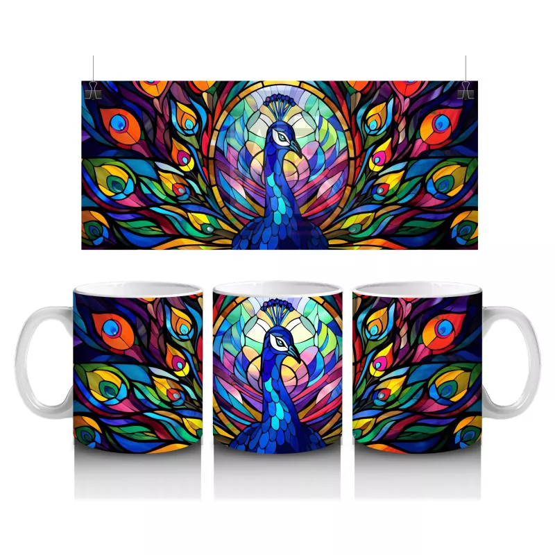 Renkli Tüy Desenleriyle Zarif Tavus Kuşu – Baskılı Kahve Kupası