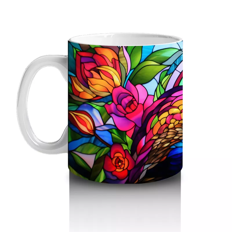 Renkli Tüy Desenli Tavus Kuşu – Baskılı Kahve Kupası - 2