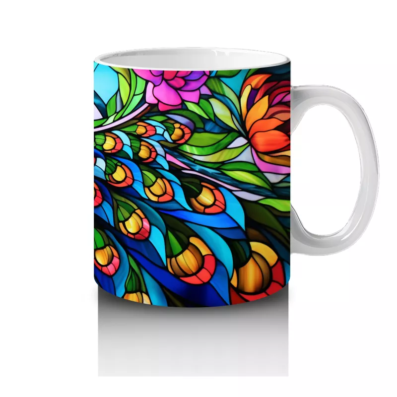 Renkli Tüy Desenli Tavus Kuşu – Baskılı Kahve Kupası - 4