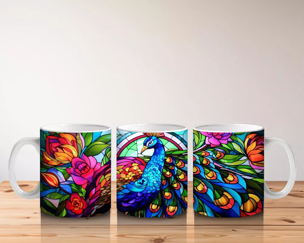 Renkli Tüy Desenli Tavus Kuşu – Baskılı Kahve Kupası - 5