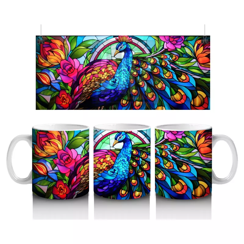 Renkli Tüy Desenli Tavus Kuşu – Baskılı Kahve Kupası