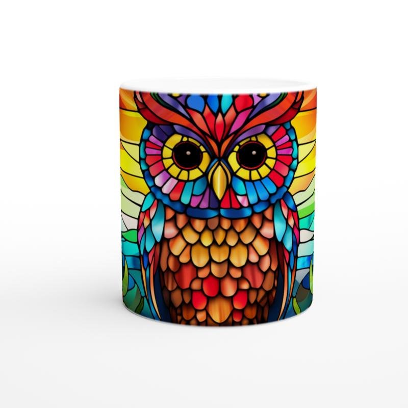 Renkli Vitray Baykuş Temalı Baskılı Kupa Bardak