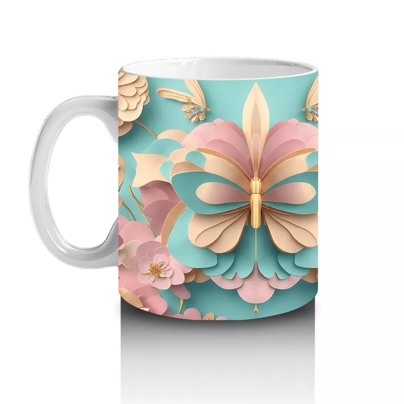 Rölyef Desenli 3D Pembe Kelebek – Baskılı Kupa - 2