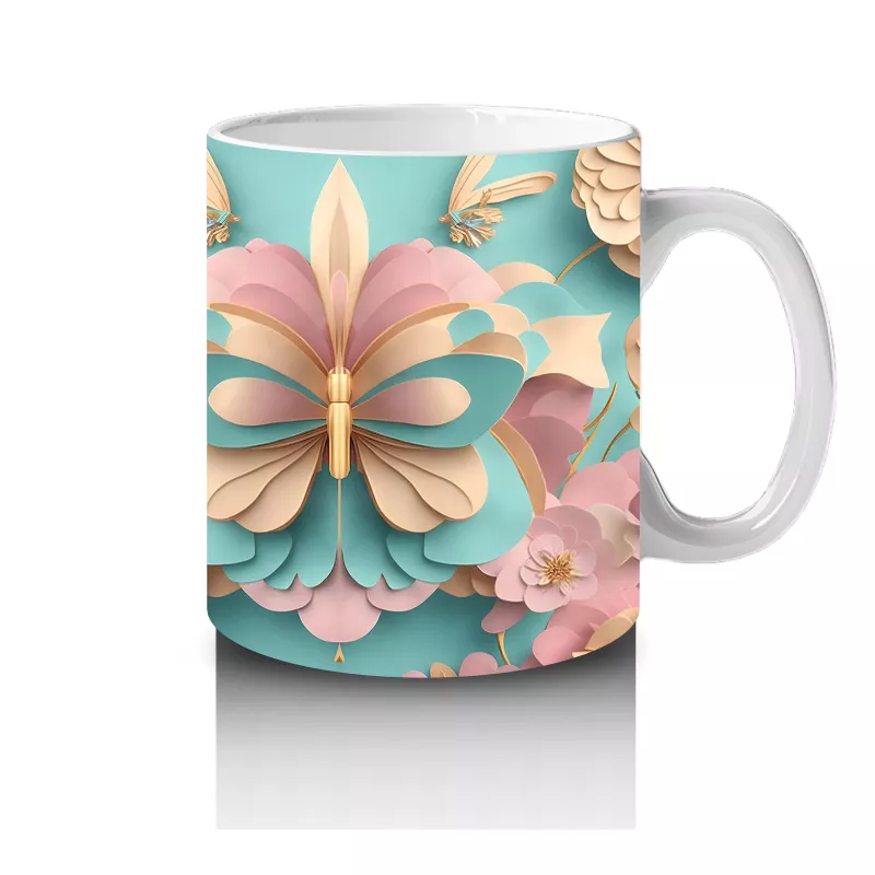 Rölyef Desenli 3D Pembe Kelebek – Baskılı Kupa - 4