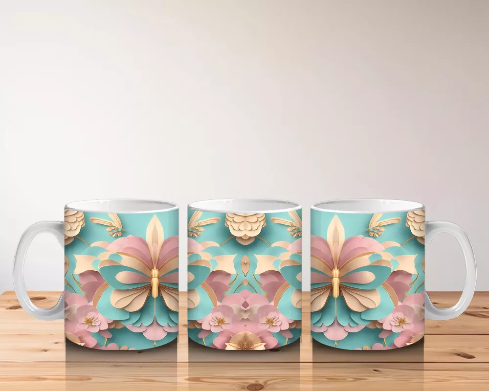 Rölyef Desenli 3D Pembe Kelebek – Baskılı Kupa - 5