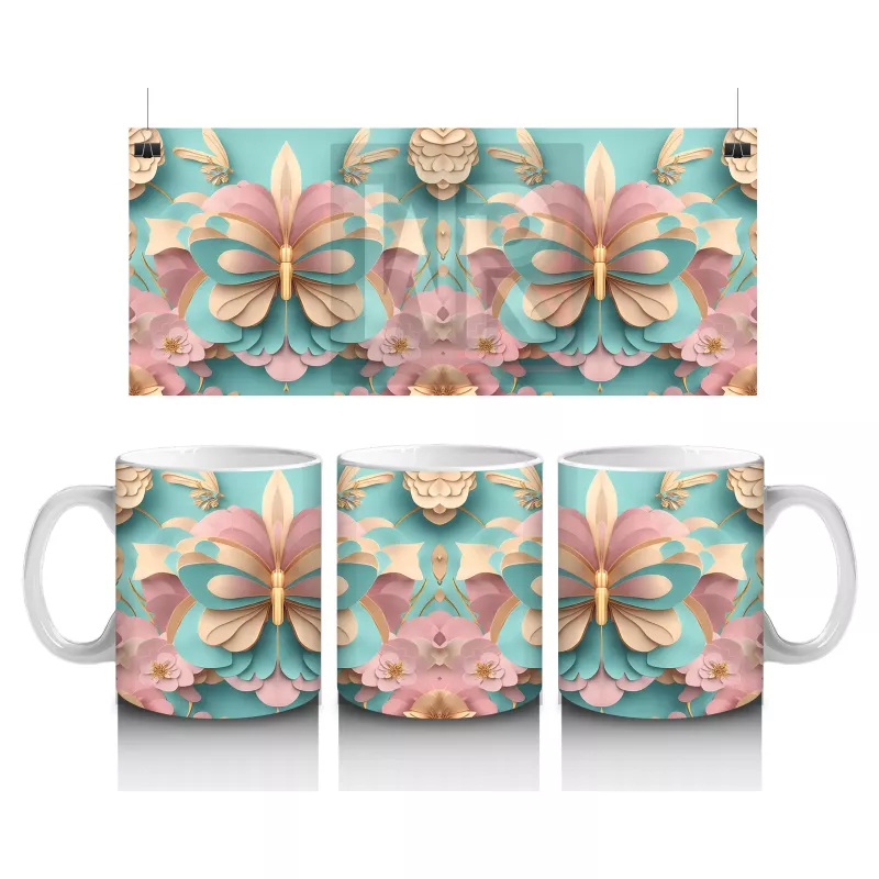 Rölyef Desenli 3D Pembe Kelebek – Baskılı Kupa