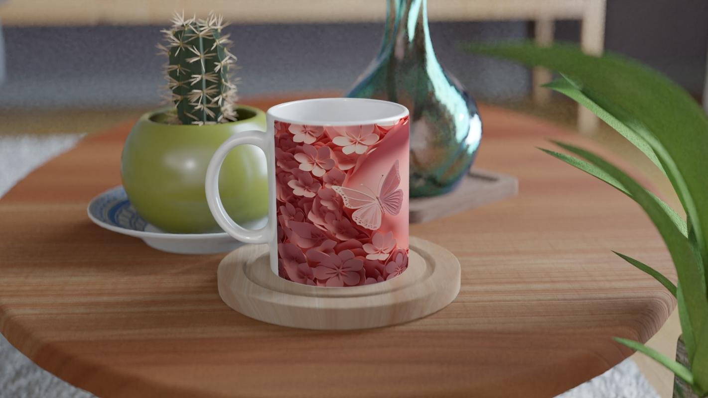 Romantik Çiçek Bahçesinde Uçuşan Kelebekler Temalı Baskılı Kupa Bardak - 4