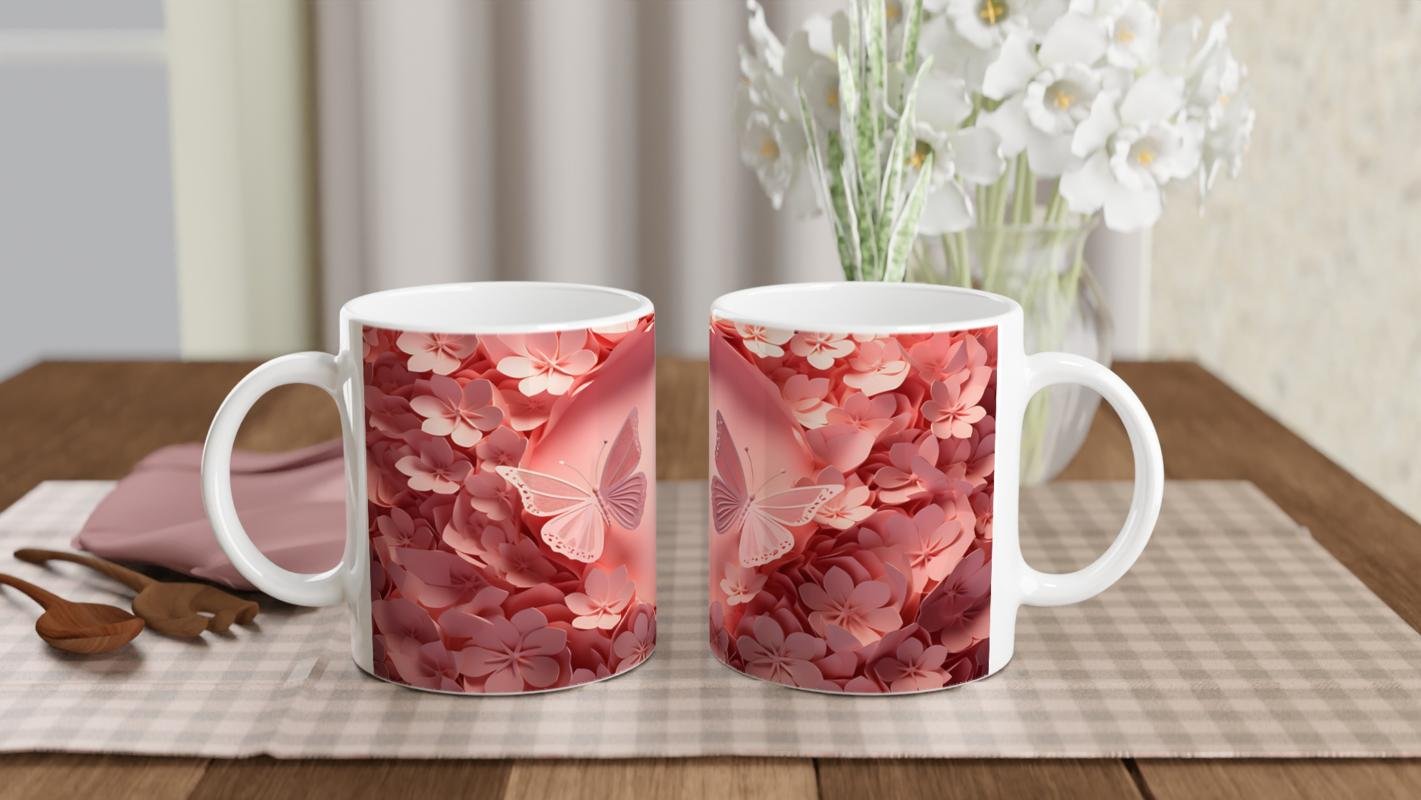 Romantik Çiçek Bahçesinde Uçuşan Kelebekler Temalı Baskılı Kupa Bardak - 5