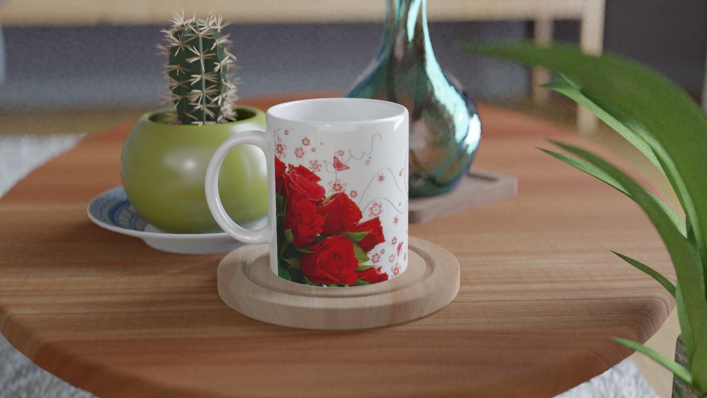 Romantik Kırmızı Gül Desenli Kupa Bardak - 4