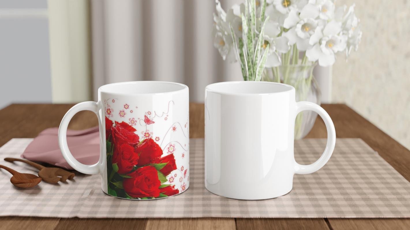 Romantik Kırmızı Gül Desenli Kupa Bardak - 5