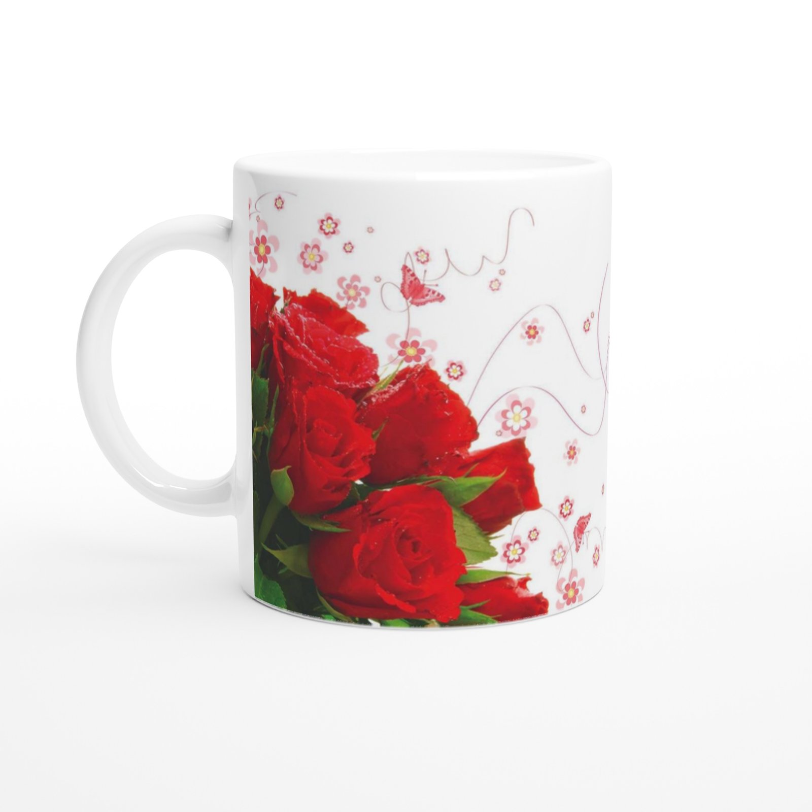 Romantik Kırmızı Gül Desenli Kupa Bardak