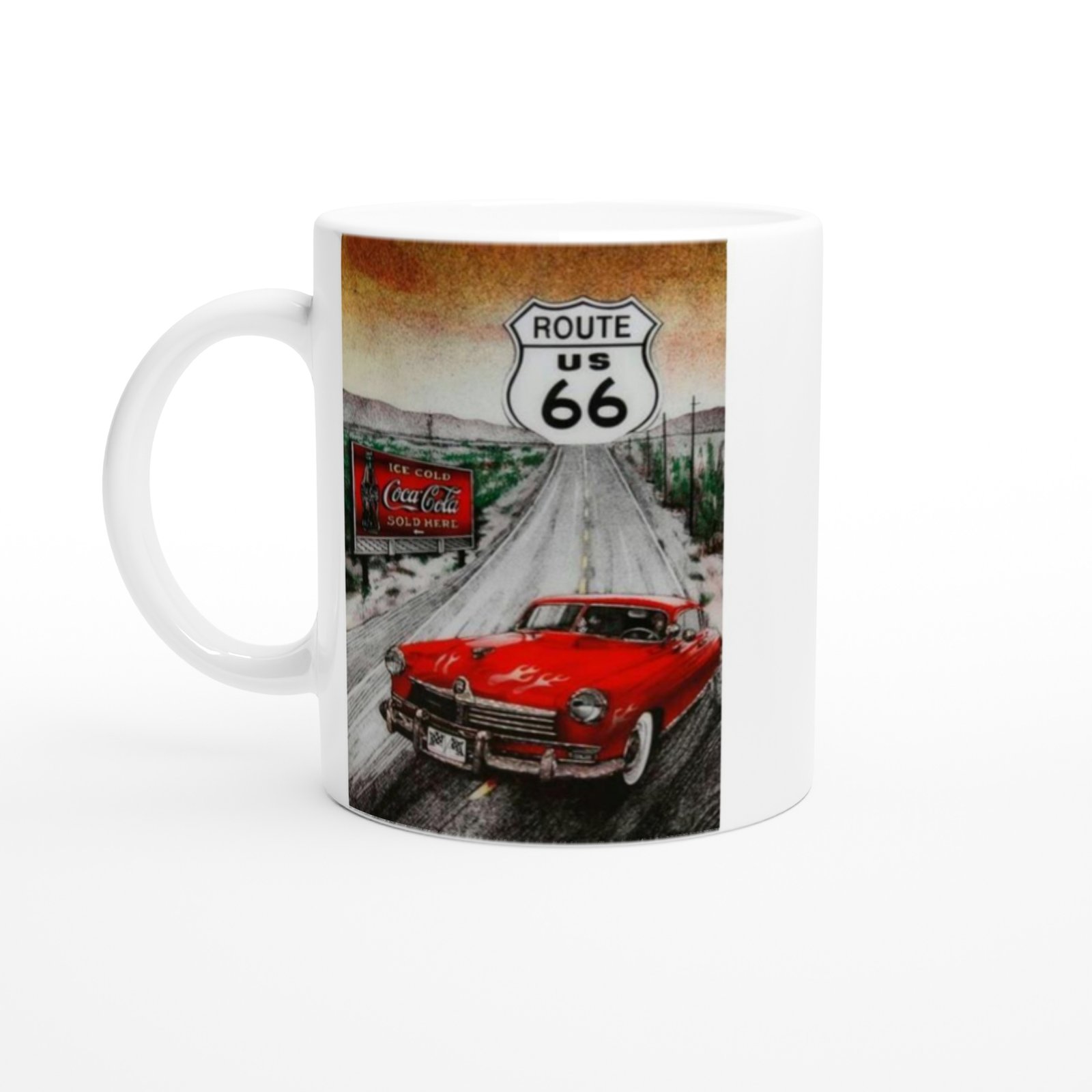 Route 66 Kırmızı Klasik Araba ve Coca Cola Temalı Kupa Bardak
