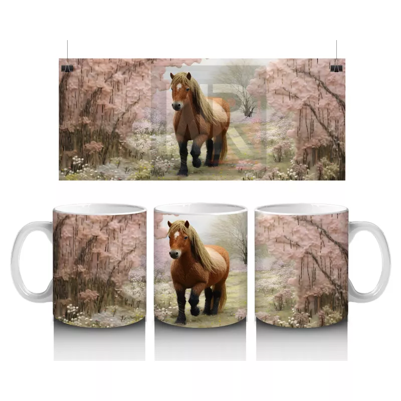 Sakura Ağaçları Arasında Yürüyen Gerçekçi At İllüstrasyonu - Baskılı kahve kupası
