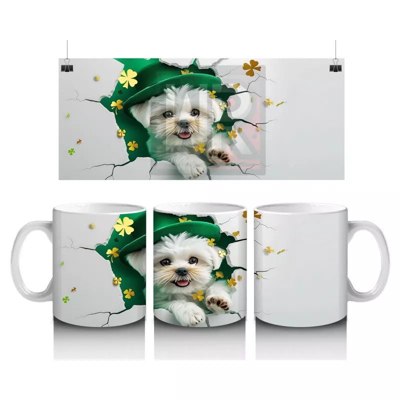 Şans Şapkası Takan Beyaz Yavru Köpek – Baskılı Kahve Kupası