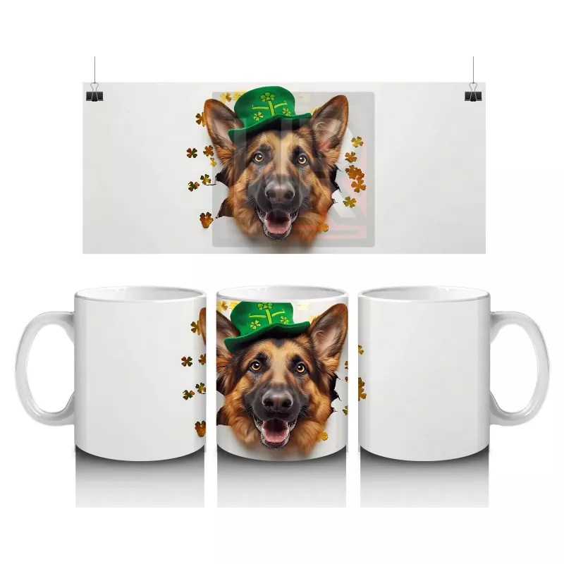 Şans Sembolleriyle Çevrili Leprechaun Alman Kurdu - Baskılı kahve kupası