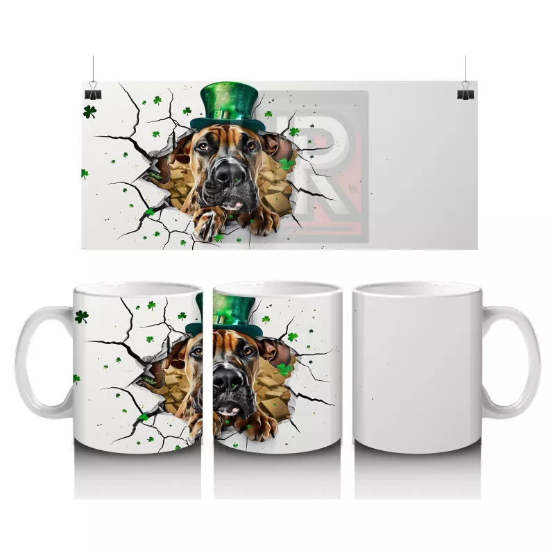 Şapkalı Boksör Köpek ve Yonca Teması – Baskılı Kahve Kupası