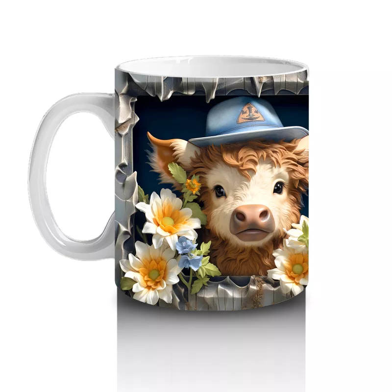 Şapkalı Çiçekli Sevimli İnek İllüstrasyonu - Baskılı kahve kupası - 2