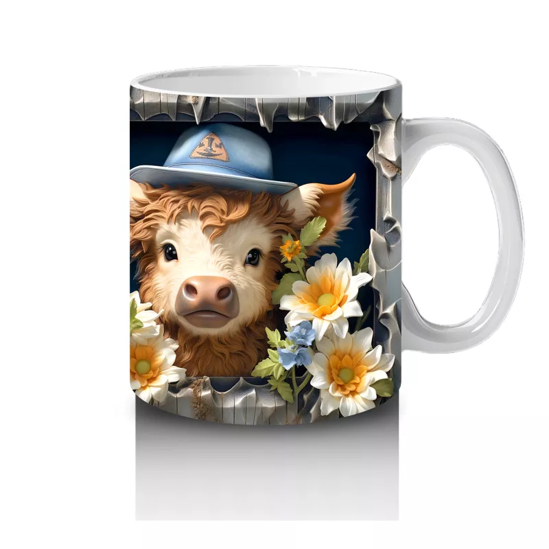 Şapkalı Çiçekli Sevimli İnek İllüstrasyonu - Baskılı kahve kupası - 4