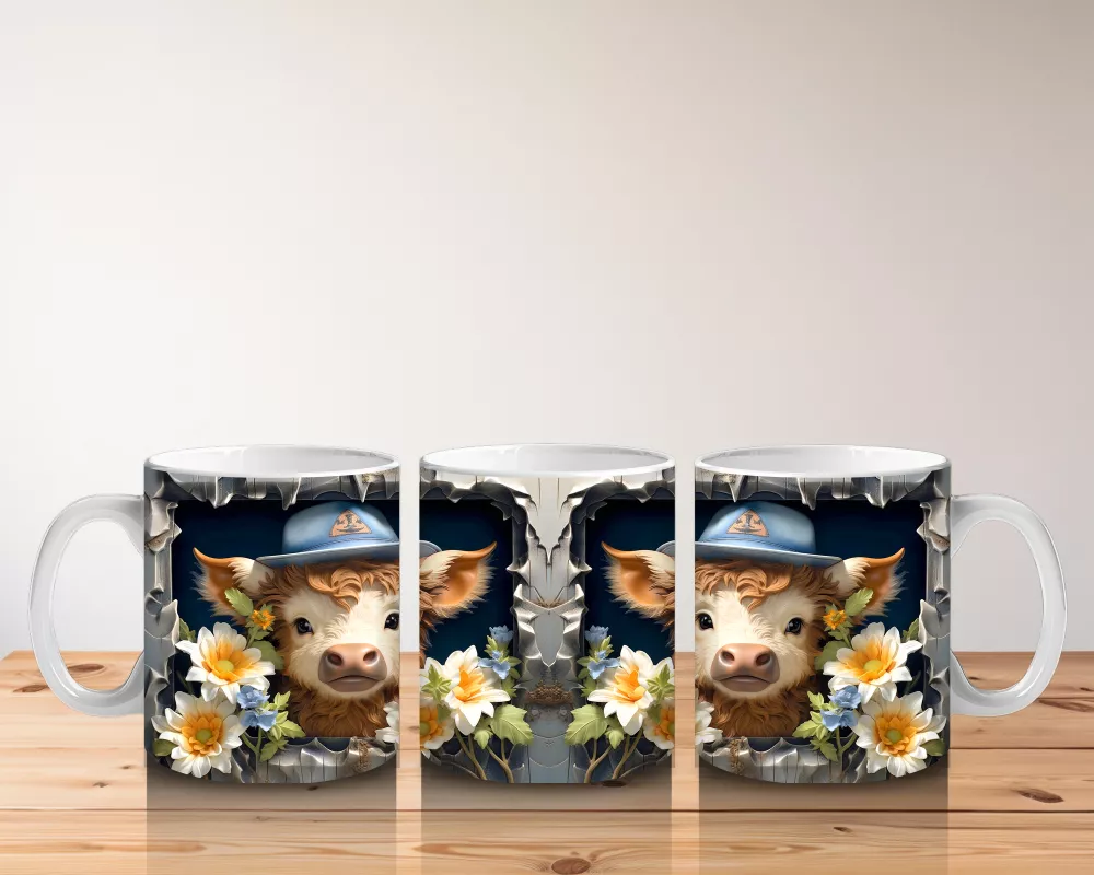 Şapkalı Çiçekli Sevimli İnek İllüstrasyonu - Baskılı kahve kupası - 5