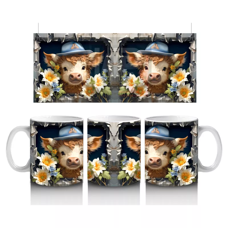 Şapkalı Çiçekli Sevimli İnek İllüstrasyonu - Baskılı kahve kupası