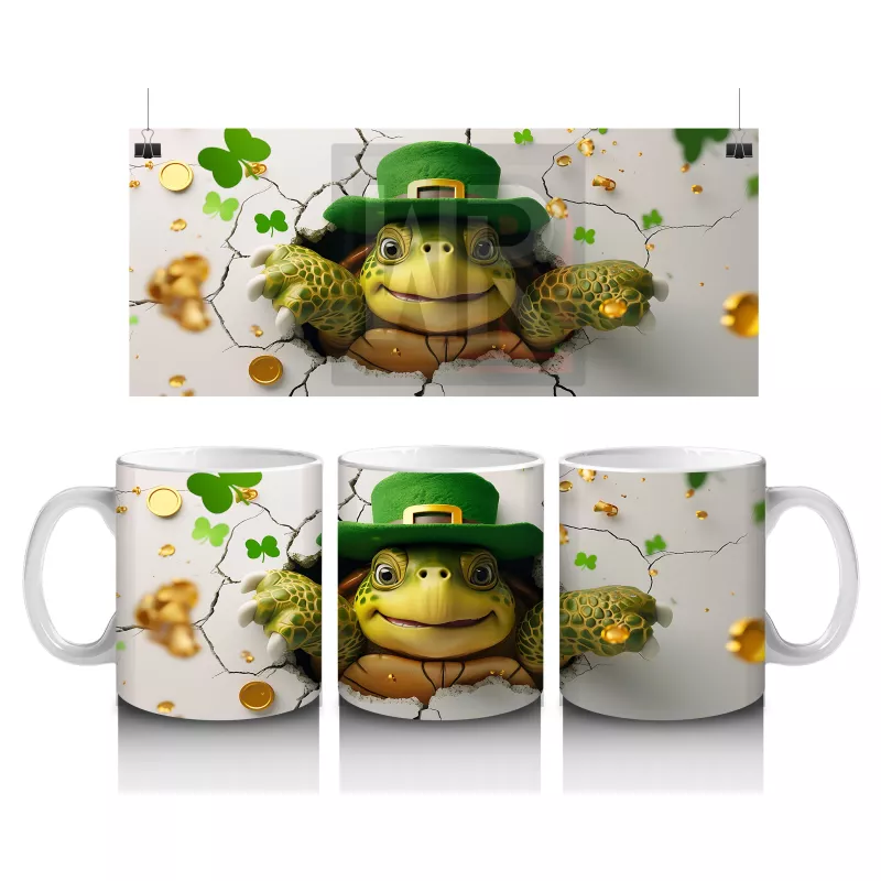 Şapkalı Kaplumbağa ve Yonca Desenleri – Baskılı Kahve Kupası